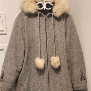 Wool-Blend Hooded Coat with Faux Fur Trim - Gray